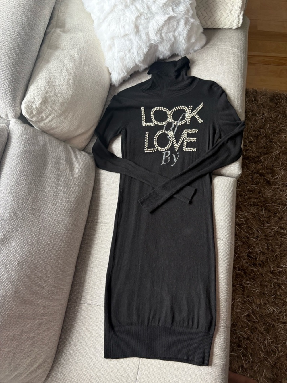 Black Turtleneck Knit Dress with 'LOOK LOVE' Pearl Accent